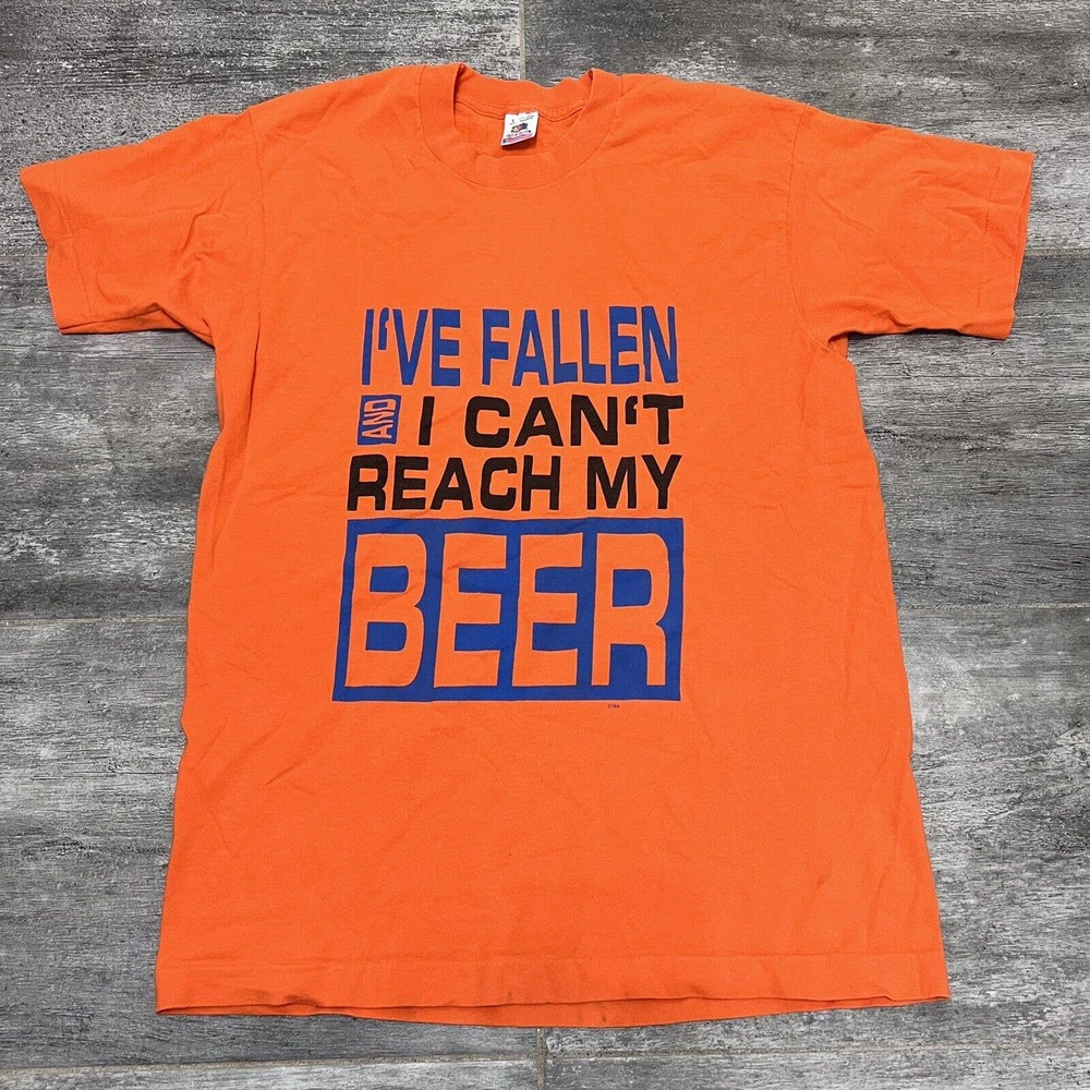 Vintage 80-90s Fruit Of The Loom I’ve Fallen And I Can’t Reach My Beer Orange L